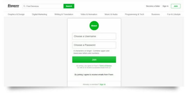 sign up fiverr