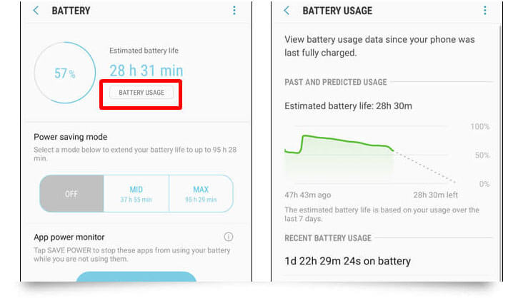 battery uses option on samsung
