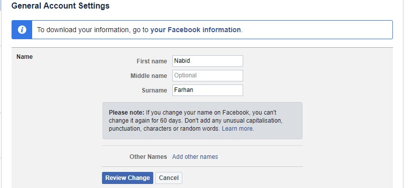 facebook id name change