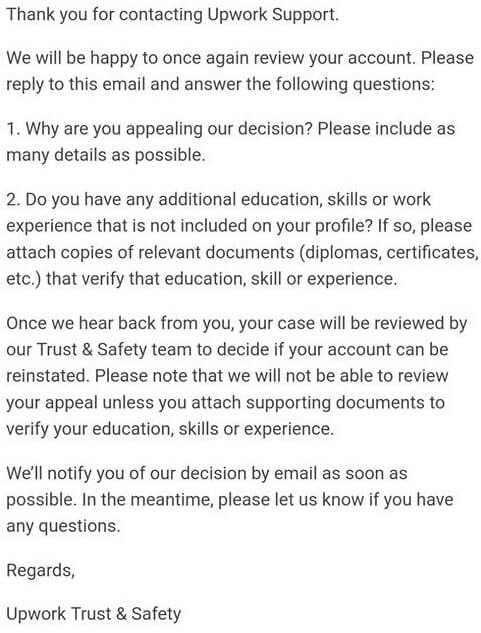 upwork account appeal reply