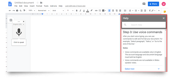 how to see all voice command in google docs